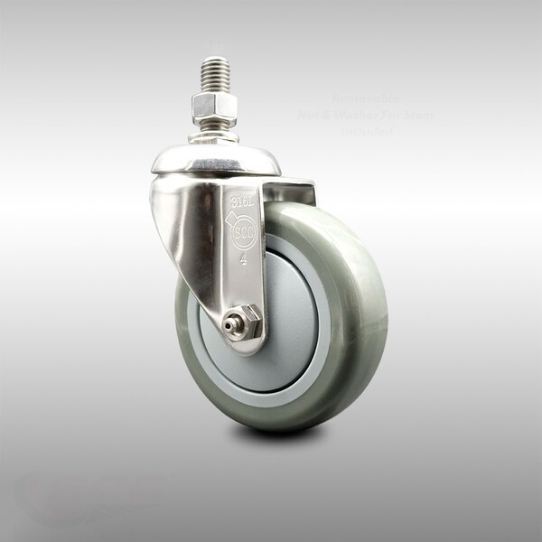 4 Inch 316SS Gray Polyurethane Wheel Swivel 1/2 Inch Threaded Stem Caster SCC